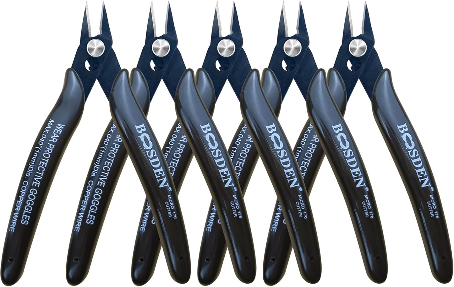 Flush Cut Pliers, 5 Pack, 5 Inch Small Wire Cutters, BOOSDEN 170 Wire Cutters Flush Cutter Pliers, Micro Cutter for Crafts, Models, Zip Ties Snips, Nippers, Electronic