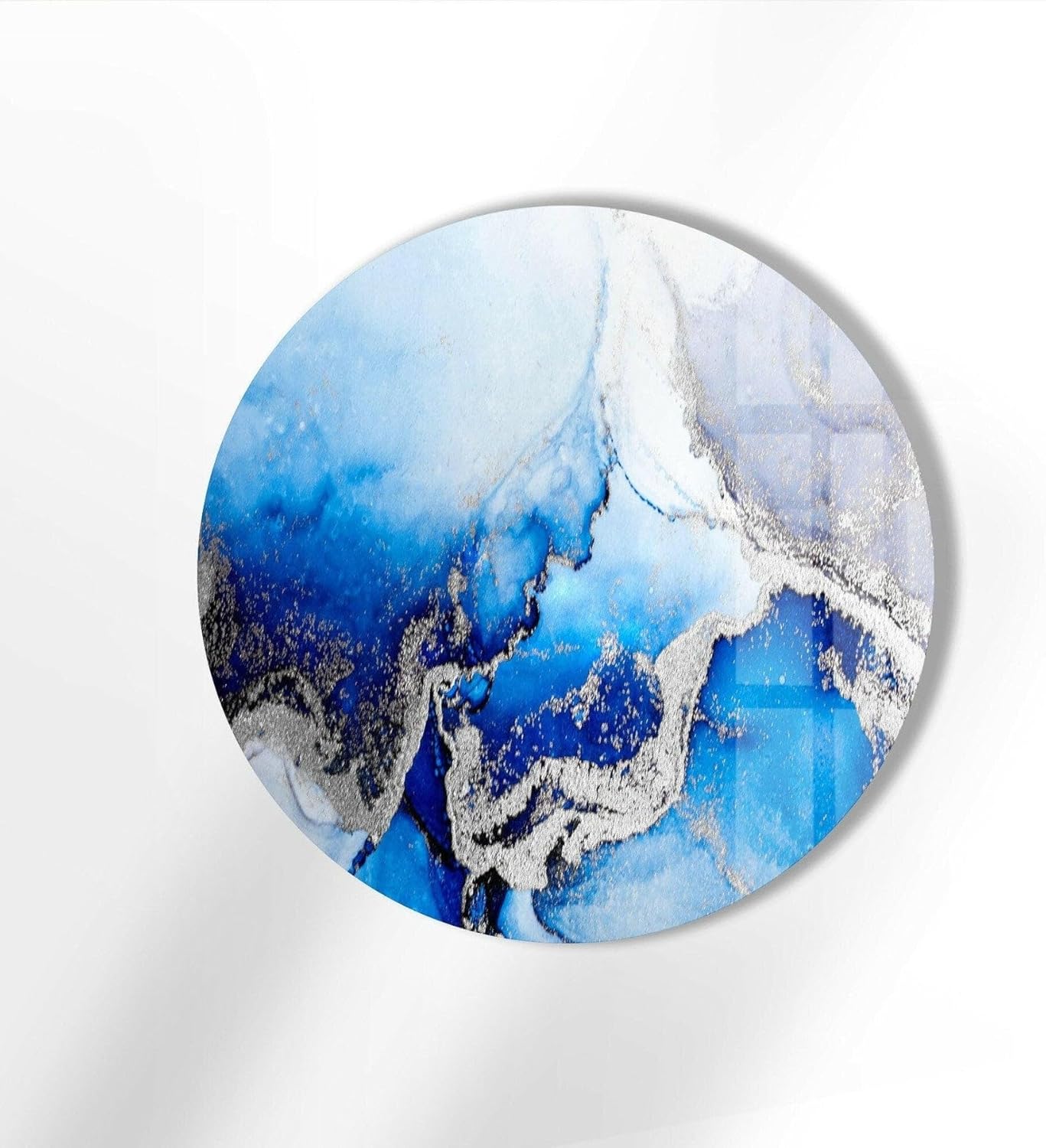 My Photostation.com 10''(25cm) Diameter Blue Marble Round with Silver Details Glass Wall Art Tempered Glass Printing Wall Decor Large Wall Art Wall Hangings