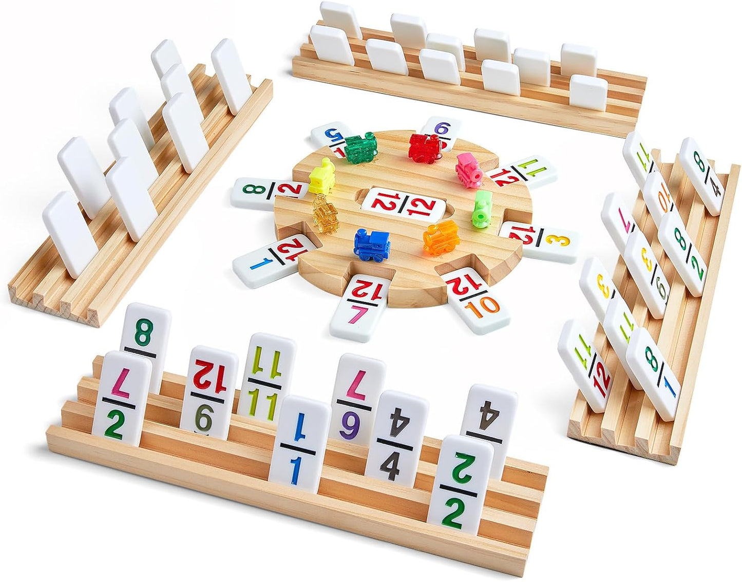 Mexican Train Dominoes Set with 4 Wooden Trays/Racks and Portable Carrying Case,Travel Colorful Double 12 Dominoes - 91 Numbered Tiles,for Kids and Adults