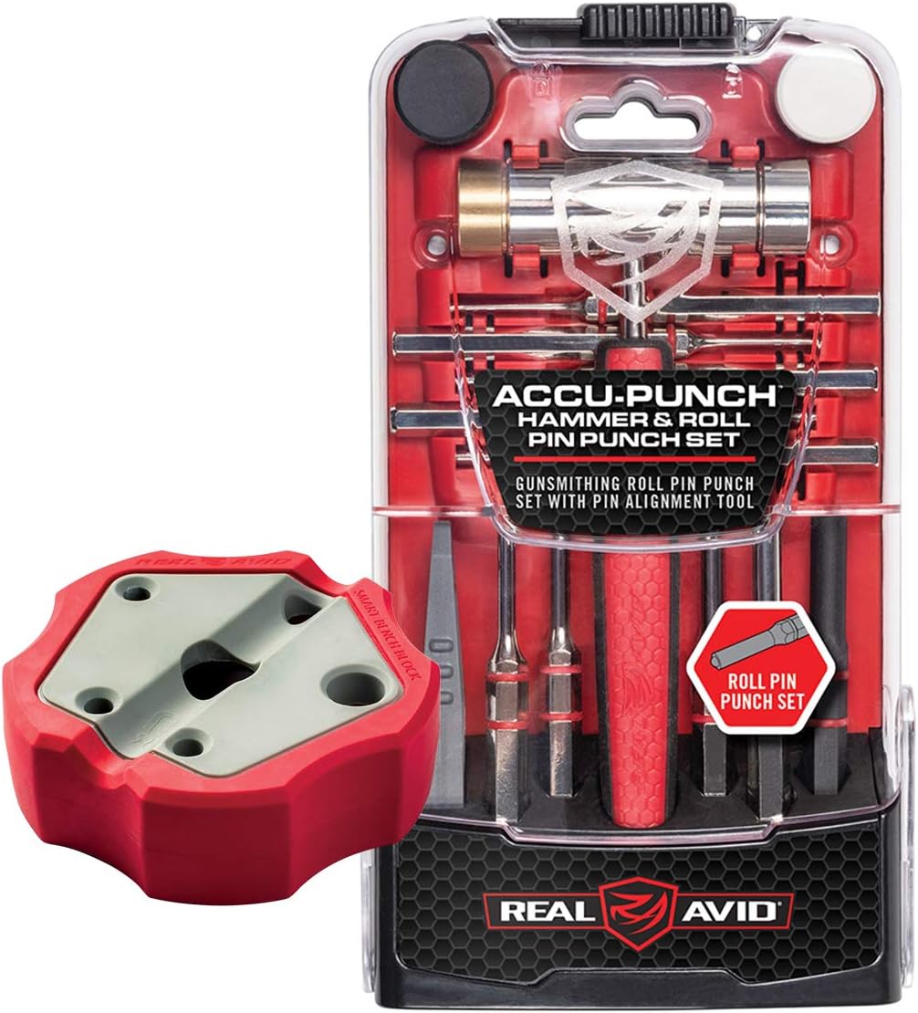 Real Avid Roll Pin Punch Set & Hammer + Non-Slip Magnetic Bench Block | 10 Nickel-Plated Steel Roll Pin Punches, 4 Interchangeable Hammer Heads - Brass, Steel, Ruber, Nylon & Non-Marring Bench Block