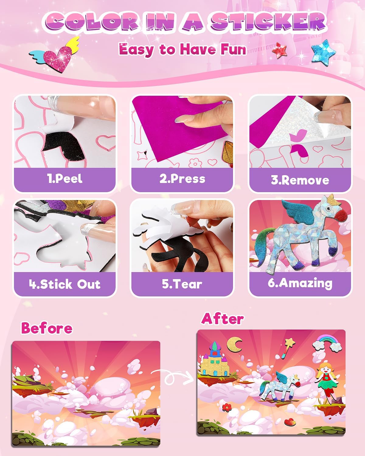 Baobrava Foil Art Fun Kit for Kids - DIY Toy Unicorn Princess Foil Art Craft Activity for Kids, Foam Stickers Fun Craft Kits & Supplies, Creative Christmas Birthday Gifts Travel Toys for 4 and Up