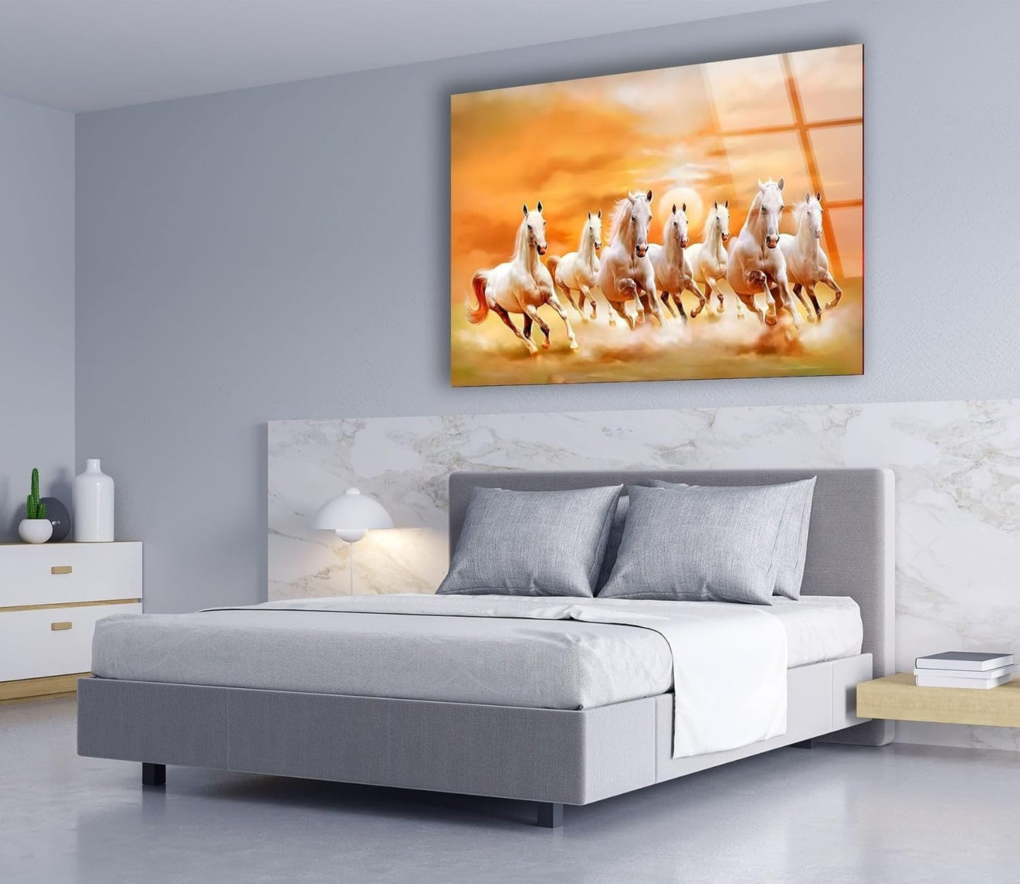 My Photostation.com 20Wx14H'' White Horses Running on Sunset Glass Wall ArtTempered Glass Printing Wall Decor Large Wall Art Wall Hangings