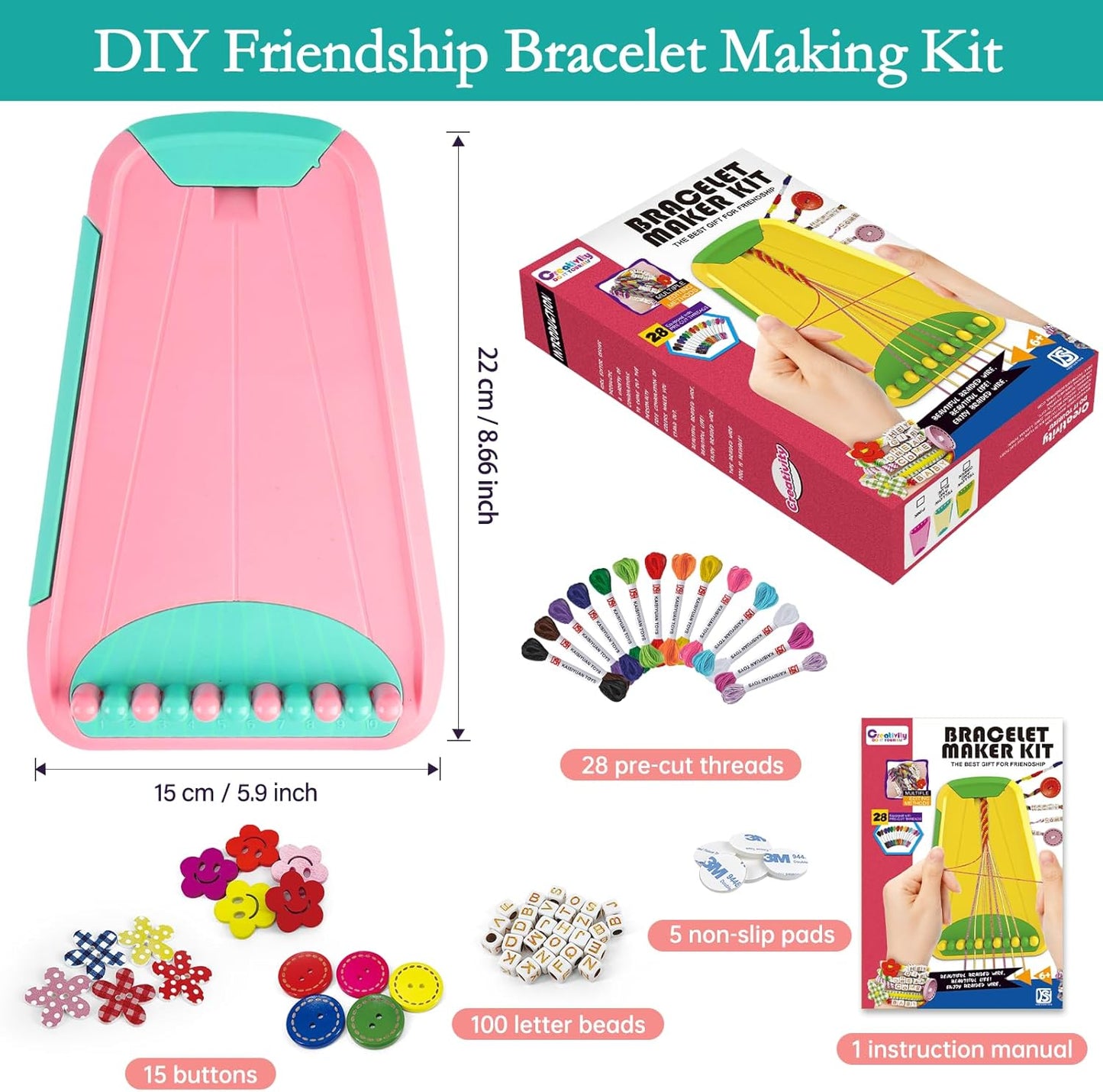 Friendship Bracelet Making Kit for Girls, Arts and Crafts Bracelets String Maker Kit for Kids Ages 8-12 Christmas Birthday Gifts (Pink with Green)