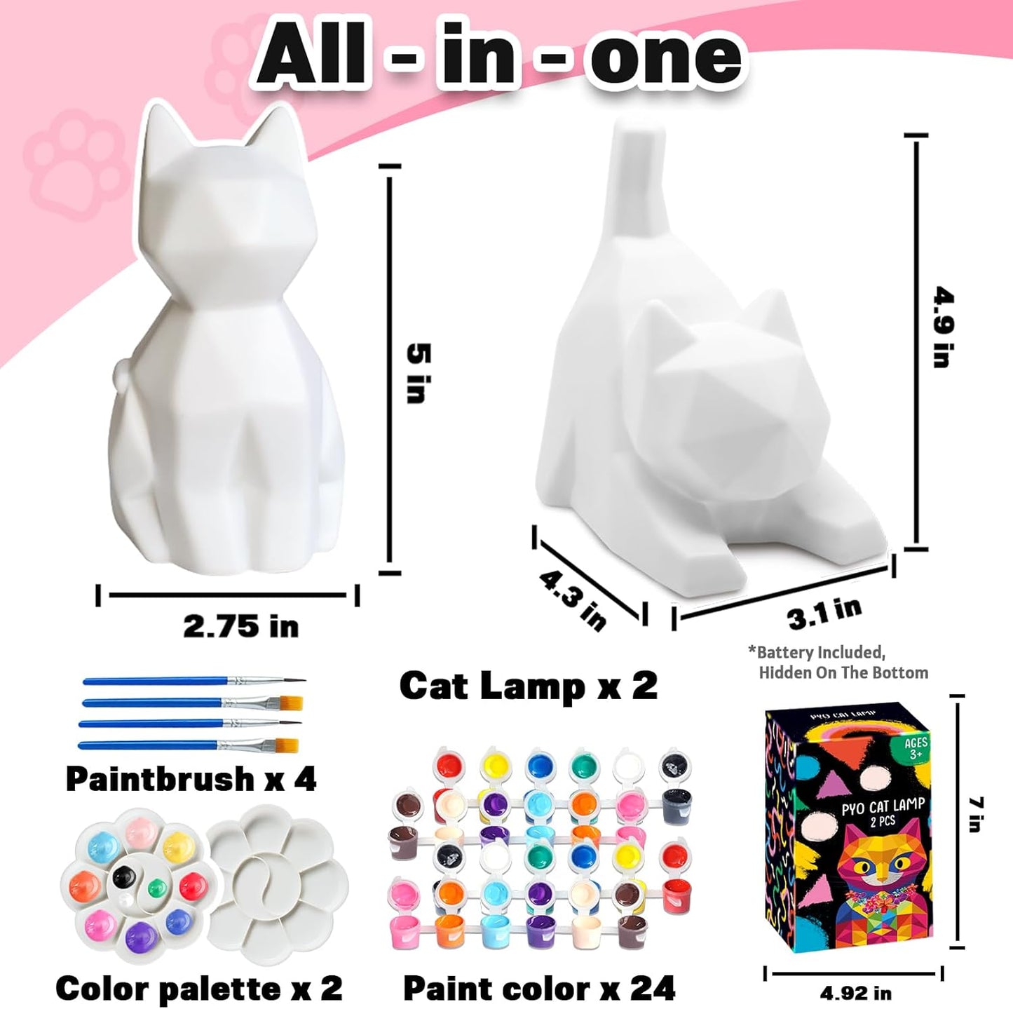 FUNZBO 2pcs Paint Your Own Cat Lamp Kit - Halloweens Arts and Crafts Supplies Kitten Painting Kits for Kid Teen, DIY Night Light Toy for Toddlers Girl Boy Age 3 4 5 6 7 8 9 10 11 12 13 + Birthday Gift