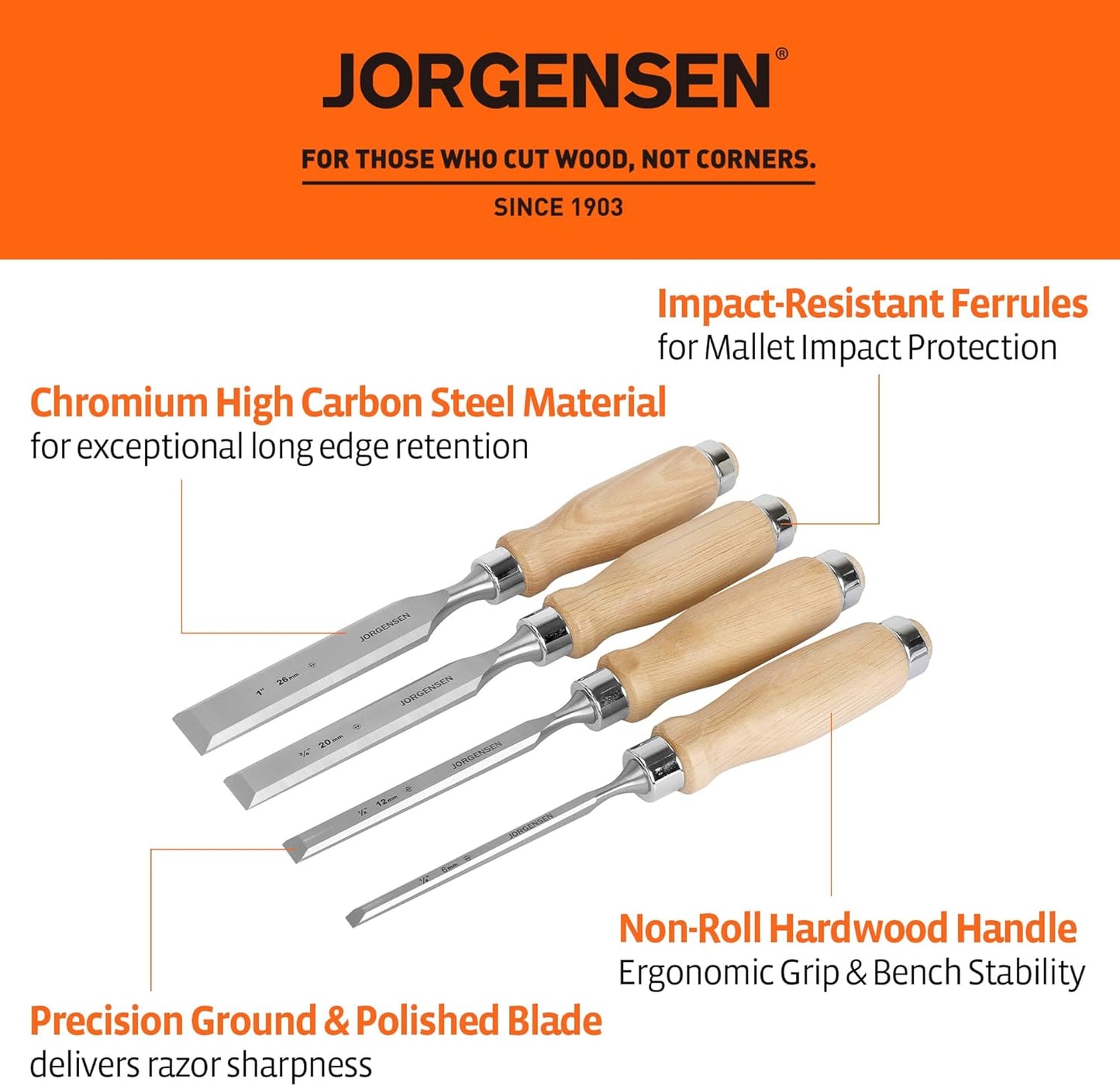 Jorgensen 4-Piece Wood Chisel Set, Chromium Alloy Steel Beveled Edge Wood Chisels, Wood Chisels for Woodworking, Ergonomic Hardwood Handle with Metal Ferrule, 1/4", 1/2", 3/4", 1"
