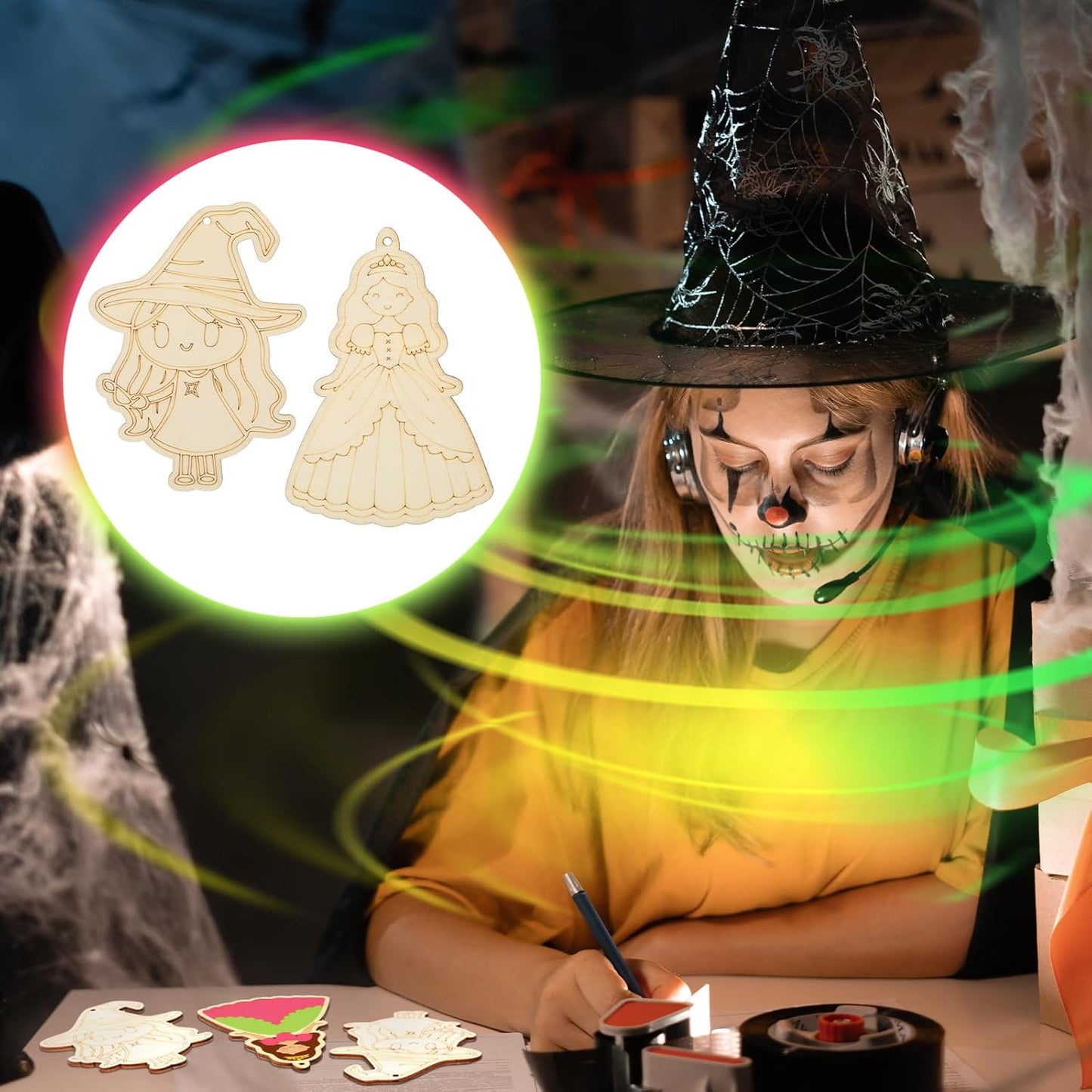 VioraWhite 24 Set Paint Your Own Witch Princess Party Favors Pink and Green Party Supplies Witch Hats Princess Crowns DIY Wood Painting Craft Kit Color Your Own Arts Crafts Kit for Birthday Gift