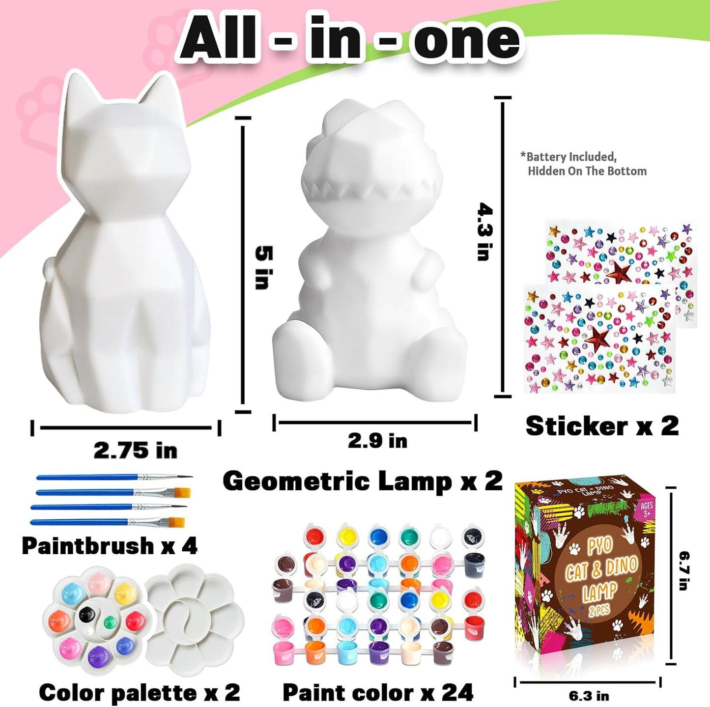 FUNZBO 2Pcs Paint Your Own Dinosaur & Cat Lamp - Halloweens Arts and Crafts Supplies Painting Kits for Kids Teen, DIY Night Light Toy for Toddler Girl Boy Age 3 4 5 6 7 8 9 10 11 12 13 + Birthday Gift