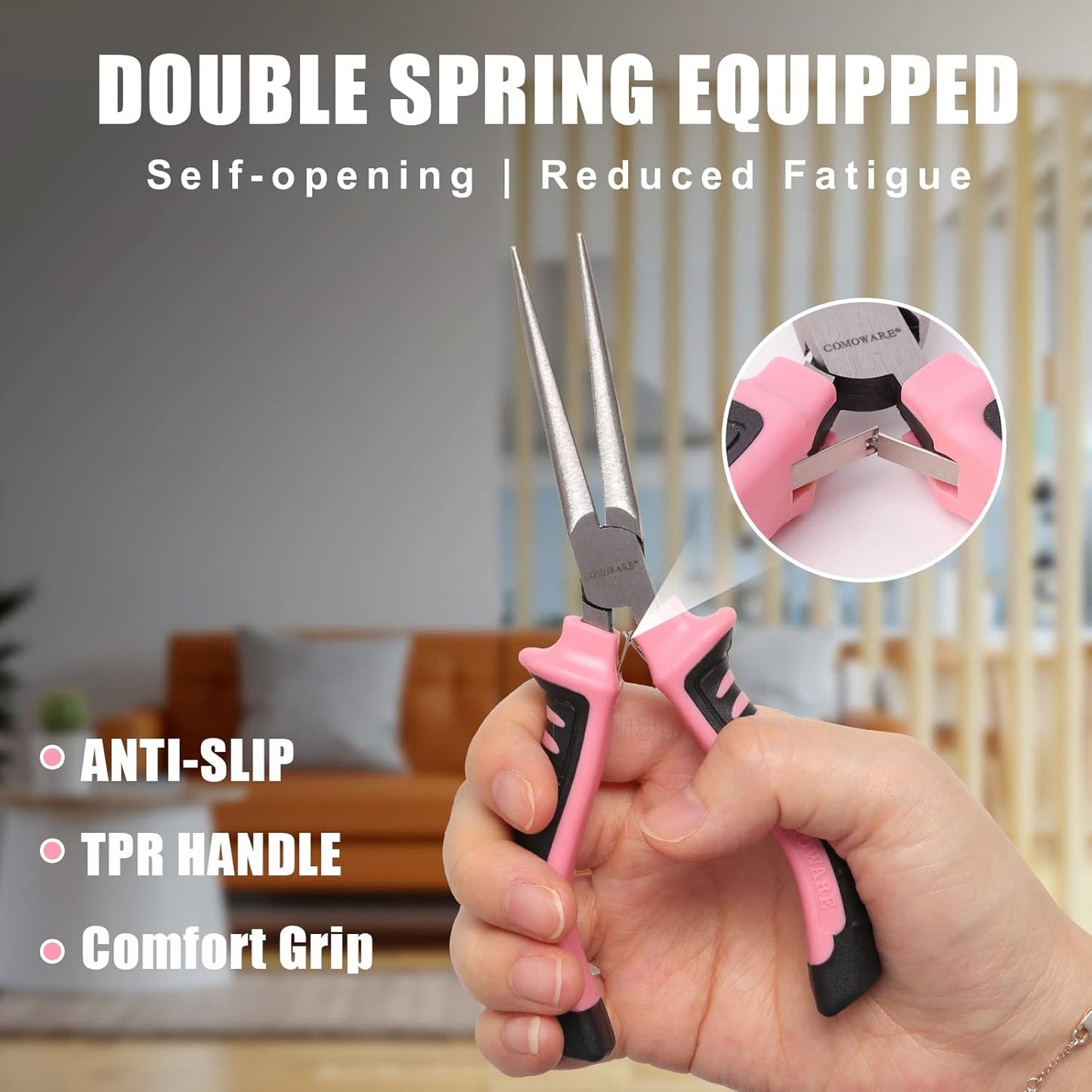 COMOWARE 6-Piece Mini Pliers Set, Needle Nose, Long Nose, Bent Nose, Diagonal, End Cutting and Linesman, for Crafts Work, Electronic Repair, with Pink Pouch