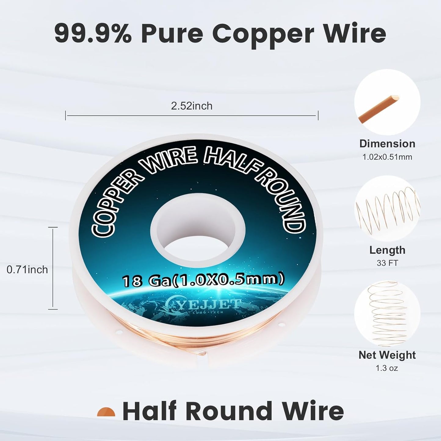 Half Round Pure Copper Wire 18 Gauge 1.02x0.51mm - 1.3 oz (33 Feet) Soft Temper Conductive Wire for Jewelry & Electrical Crafts