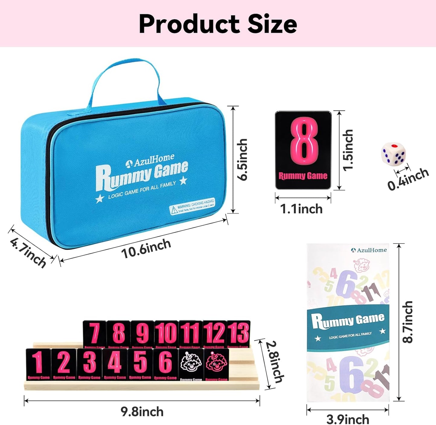 Rummy Cube 6 Player Edition with 6 Wooden Racks 160 Acrylic Tiles (1.5'') Rummy Game with Bag 6 Player Travel Size Rummy Game Large Number Rummy Tiles Game Set for Family Classic Board Games (Black)