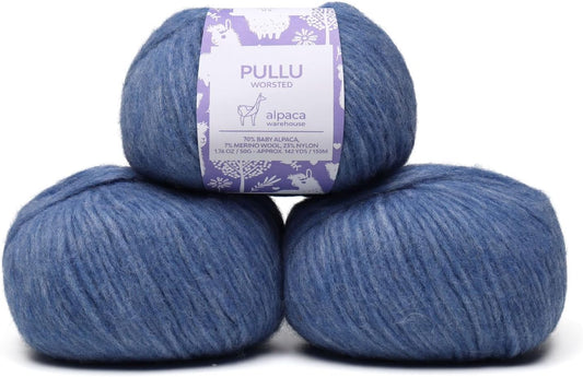 Pullu - Baby Alpaca Merino Wool Yarn Set of 3 Skeins (150 Grams) Worsted Weight - Sourced Directly from Peru - Heavenly Soft and Perfect for Knitting and Crocheting (Denim Blue)