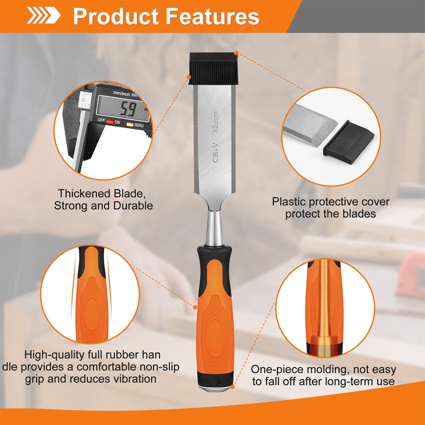 KINGBRO 6 Pcs Wood Chisel Sets, Wood Chisels for Carbon Steel Woodworking with Steel Hammer End, Durable PP+TPR High Impact Handle Wood Chisel, 6/12/19/25/32/38mm