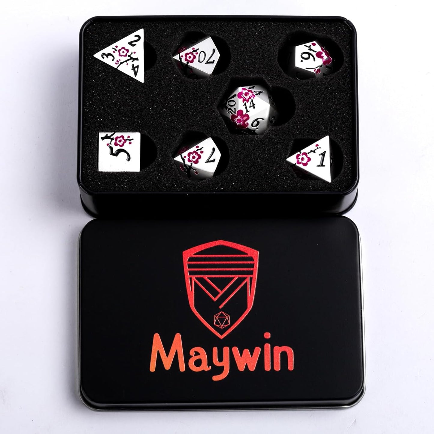 DND Metal Dice Set,7pcs Set Flower Metallic Dice Set with Box,RPG Polyhedral Dice for Table Game (Silver-Purple)