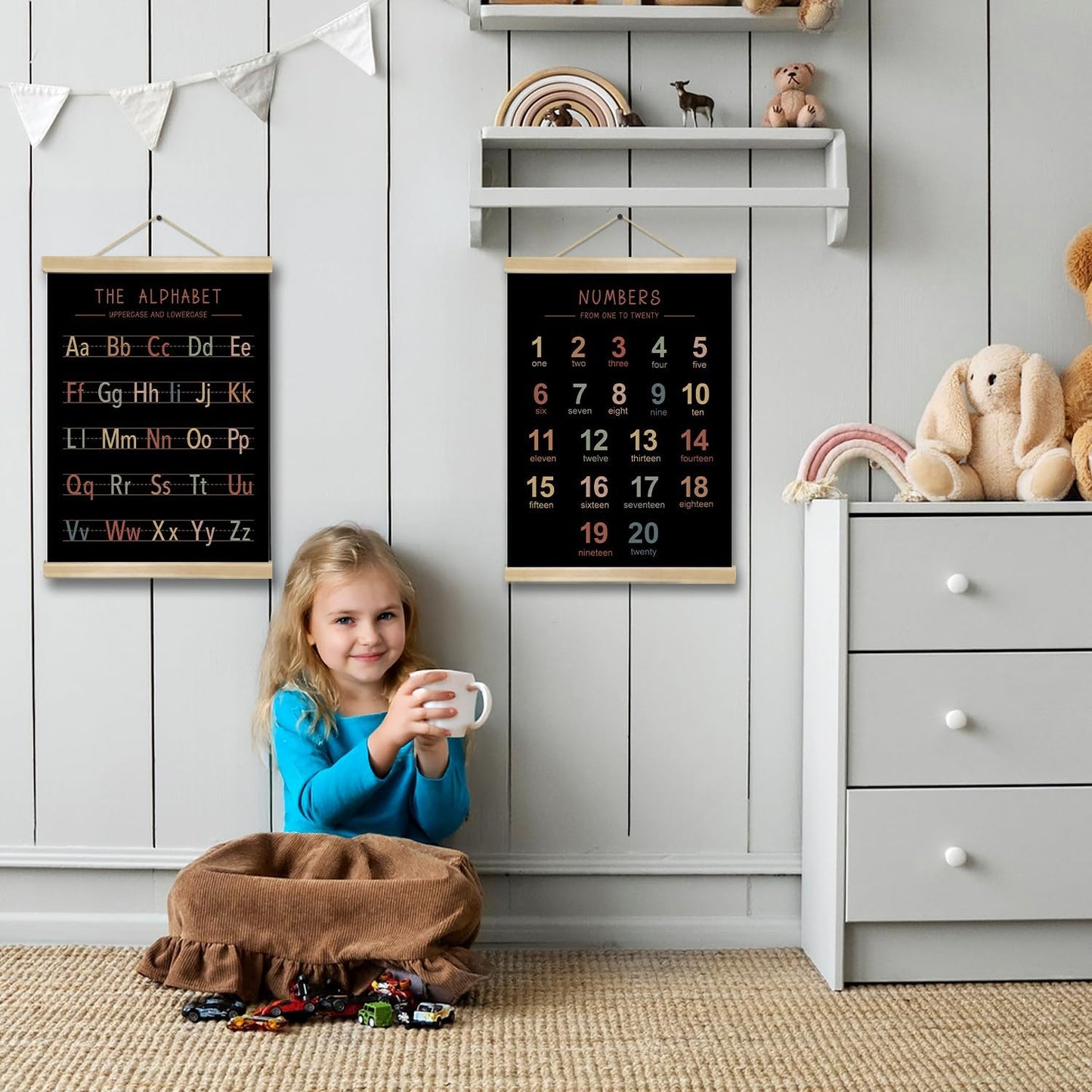 Alphabet and Numbers Wall Chart Set of 2 ,Kids Educational Posters,ABC and 1-20 Number Learning Banners for Toddlers, Preschool Classroom, Homeschool, Nursery, Playroom Decor 14 x 18.5 Inch (colorful)