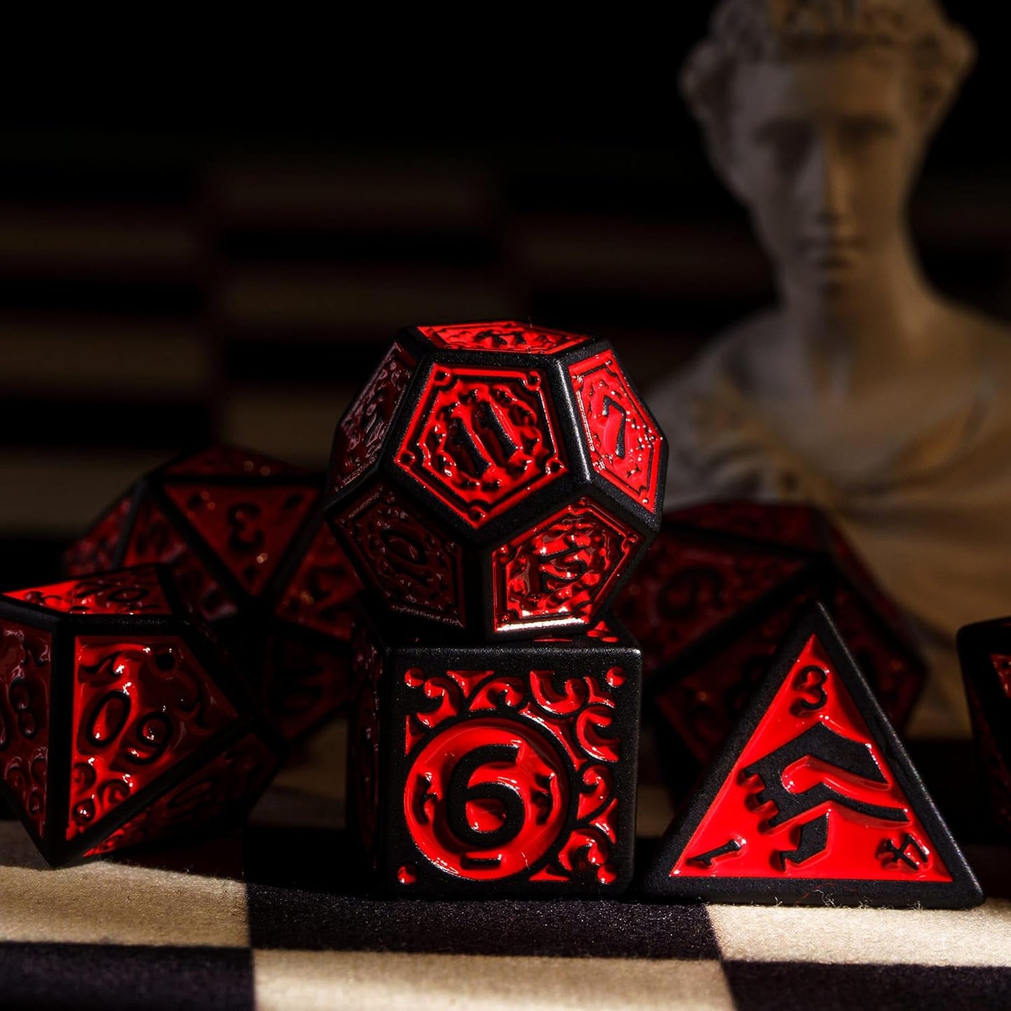 7-Die DND Dice Set New Pattern Polyhedral Dice Set with Leather Bag D&D Die for RPG Table Games(Black Red)