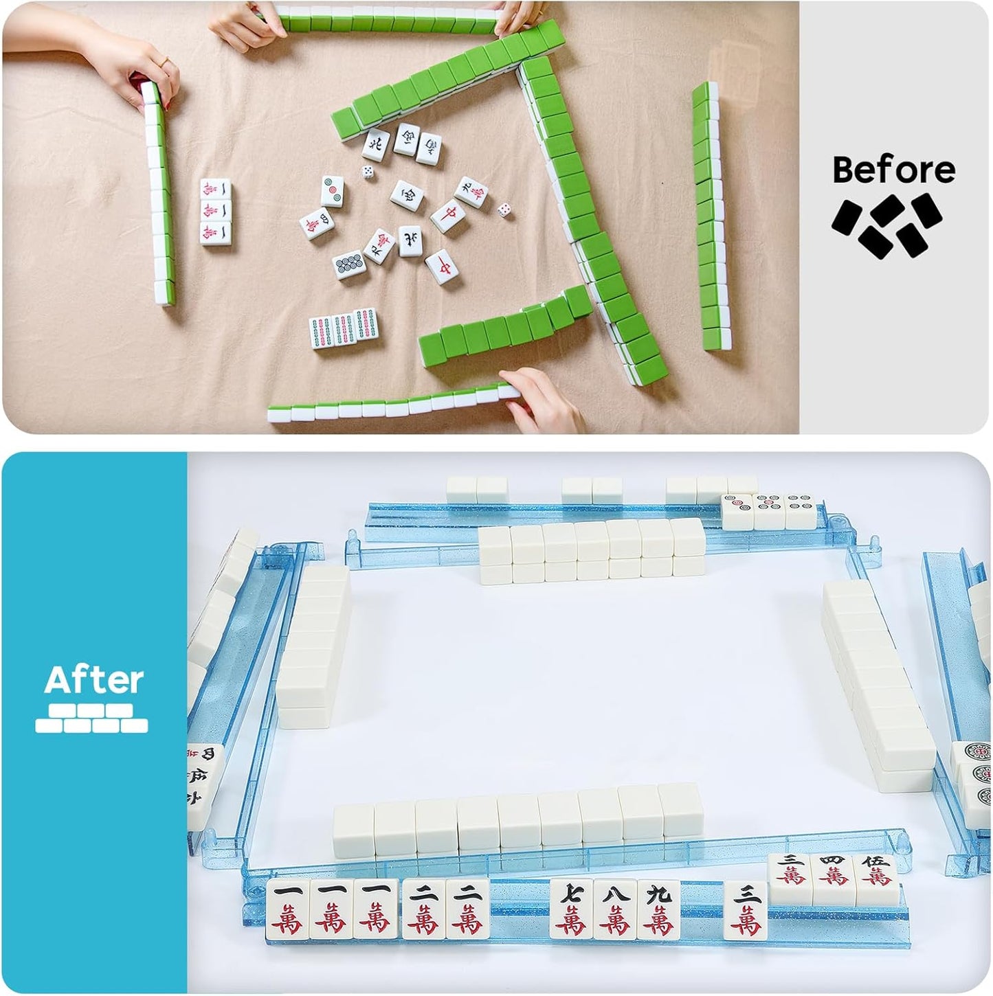 Mahjong Racks with Pushers Set of 4, Mahjong Tile Pushers and Racks, Acrylic Majiang Tile Holders Accessories (Bling Blue)
