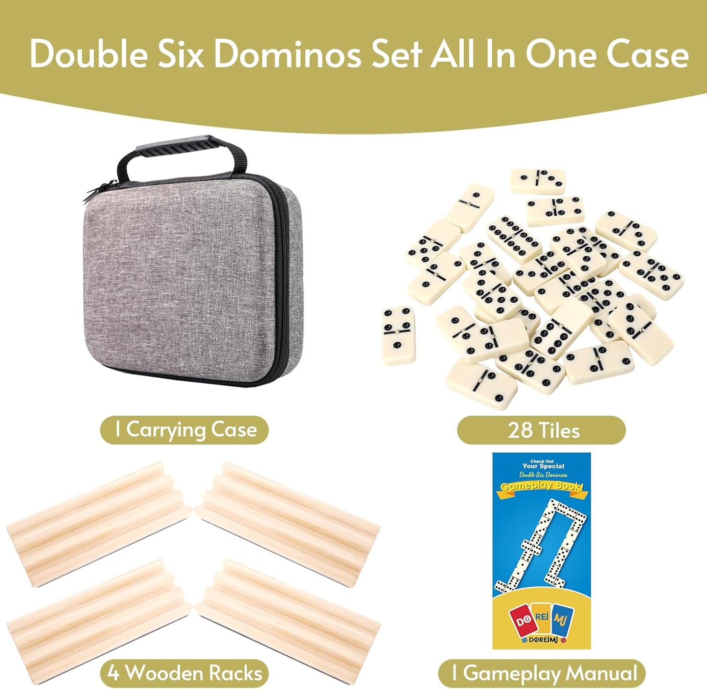 Double 6 Dominos Set for Adults with 4 Wooden Racks & 28 Tiles Travel Dominoes Set Classic Board Game for Family Game Night