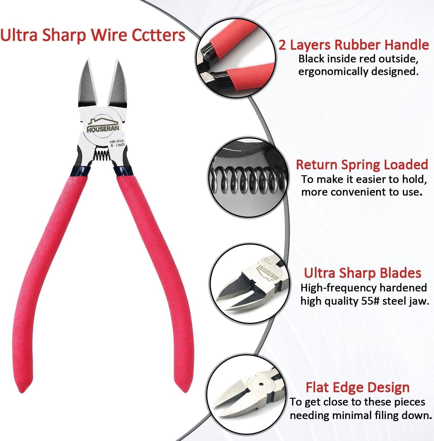 Wire Cutters, 5 PACK, 6" Wire Cutter Set, HOUSERAN Side Cutters Flush Cut Pliers, Diagonal Cutting Pliers with 2 Layers Non-slip Handle, Spring Loaded Wire Cutters for Jewelry Making, Crafts, Zip Tie
