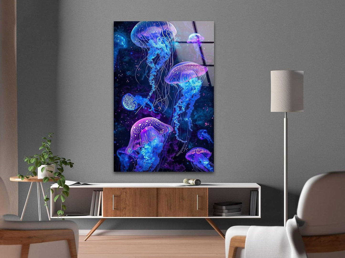 My Photostation.com 27Wx43H'' Glowing Jellyfish Glass Wall Art Tempered Glass Printing Wall Decor Large Wall Art Wall Hangings
