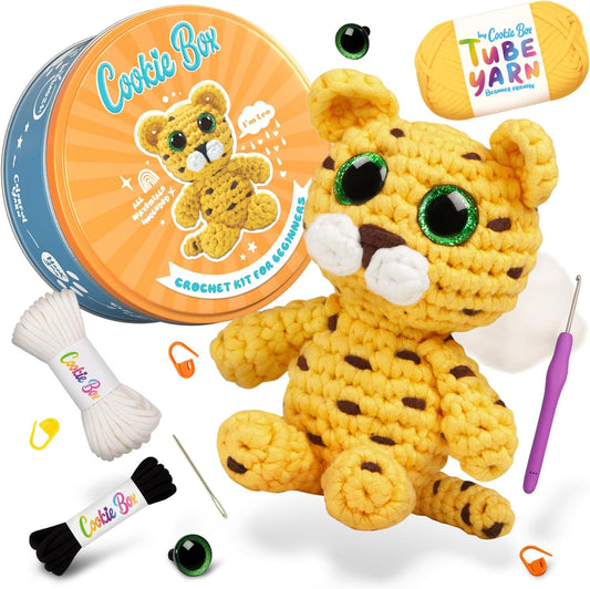 Cookie Box Crochet Kit for Beginners – Gift Set to Make Leopard Leo Amigurumi Plushie – Easy DIY Crochet & Knitting Starter Kit with Video and PDF Tutorials
