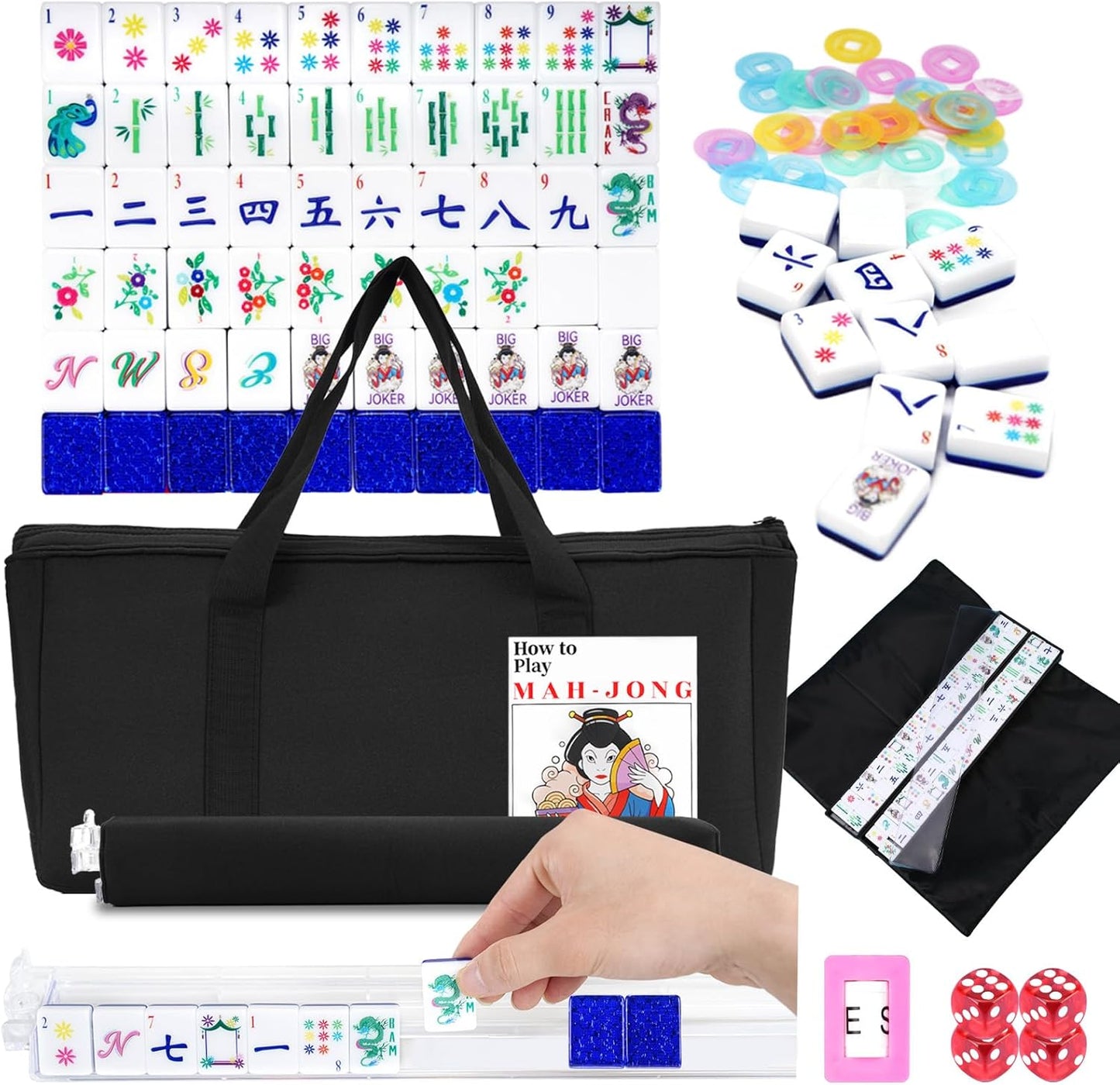 American Mahjong Set with 160 Acrylic White Tiles and 4 Transparent Holders/Pushers, Portable American Style Mahjong Game with Carrying Bag, Classic Board Games for Family Night