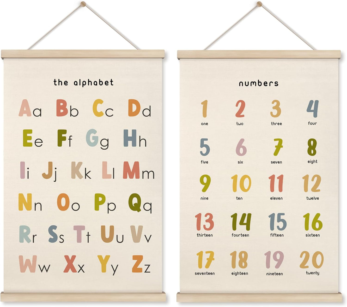 HRQKO Boho Alphabet Numbers Poster Hanger Frame Set of 2, Classroom Wall Decor, Abc Poster Wall Art with Wooden Frames, Alphabet Banner Wall Hanging Decor for Toddler Playroom Nursery, 16x24 inch