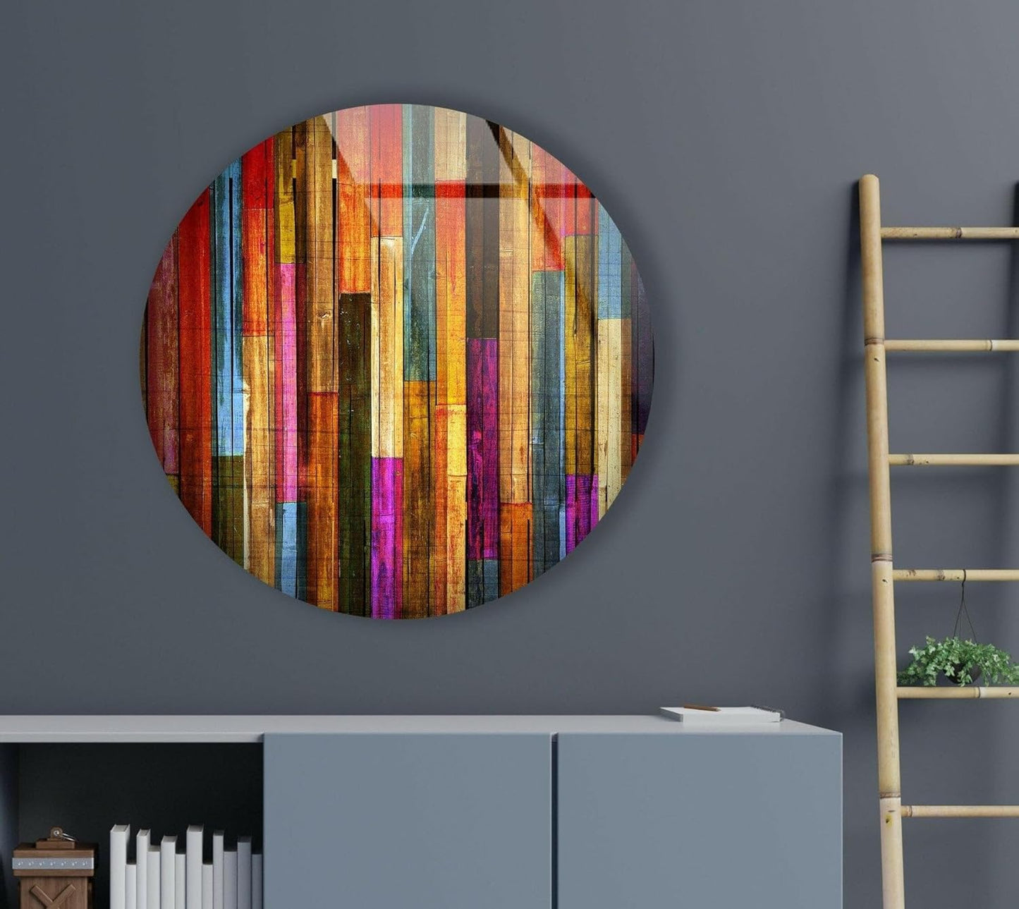 My Photostation.com 20''(50cm) Diameter Colorful Wood Pattern Round Glass Wall Art Tempered Glass Printing Wall Decor Large Wall Art Wall Hangings