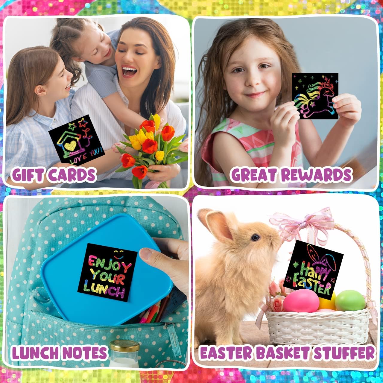 ZMLM 165 Rainbow Scratch Paper Art Crafts Mini Notes Kids Gifts 4 5 6 7 8 9 10 Years Old Girls Boys Students Teens Classroom Prizes School Supplies Birthday Party Travel Toy Gift(Holographic)