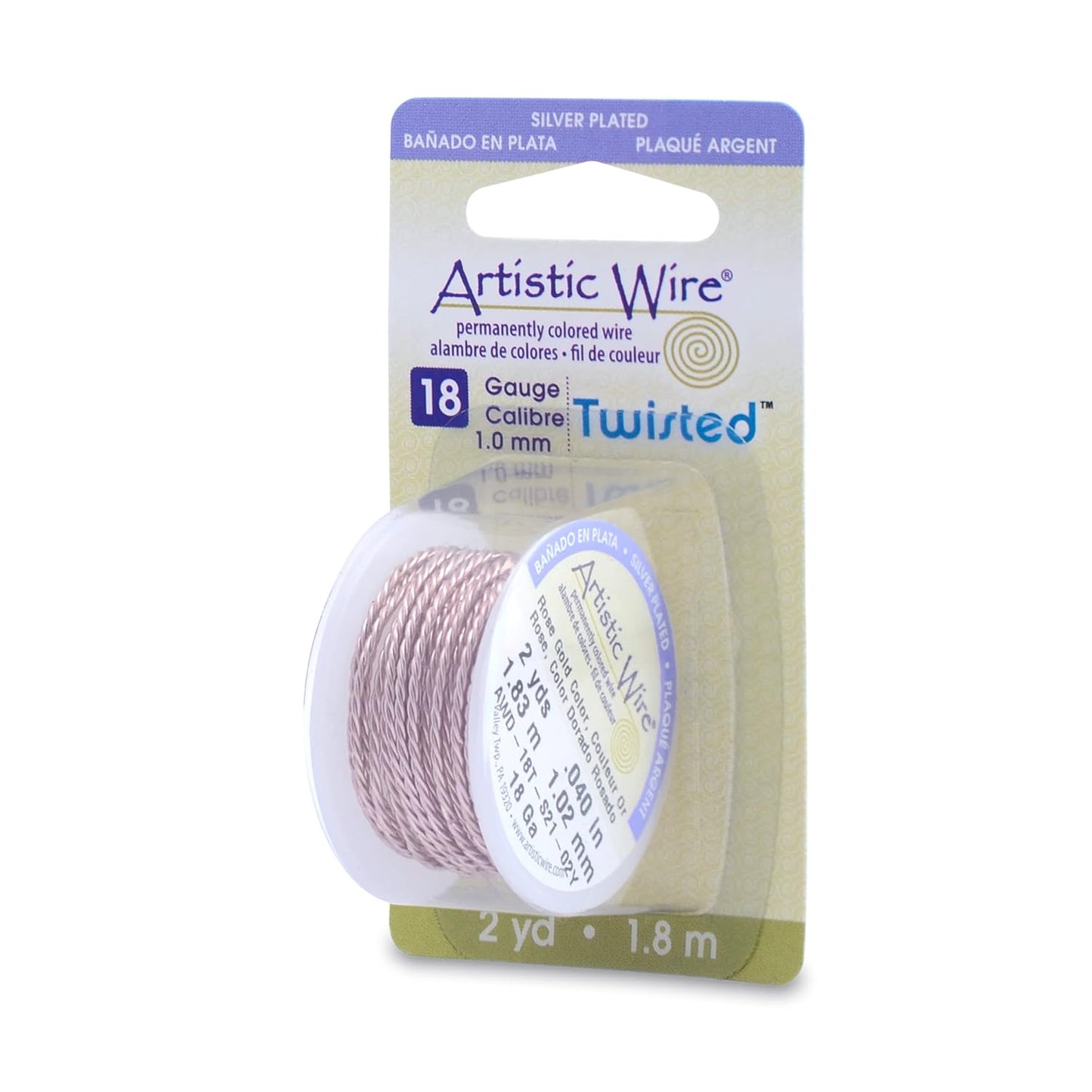 Artistic Wire, 18 Gauge / 1.0 mm Silver Plated Tarnish Resistant Colored Copper Craft Wire, Round Twist, Rose Gold Color, 2 yd / 1.82 m