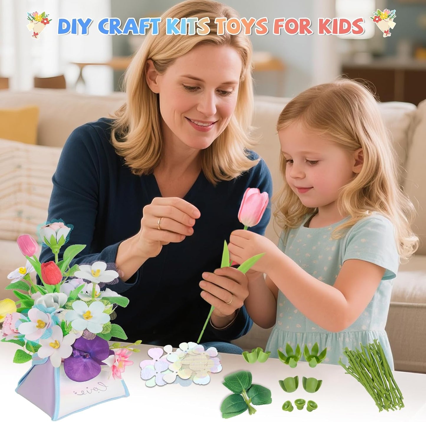 kenvc DIY Flower Bouquets Toys, Fabric Flower Market Toy is for Kids Best Gifts for Girls Boys Ages 5 6 7 8 9 10 to Craft Your Own Master Piece of Color Changing Flowers Kit