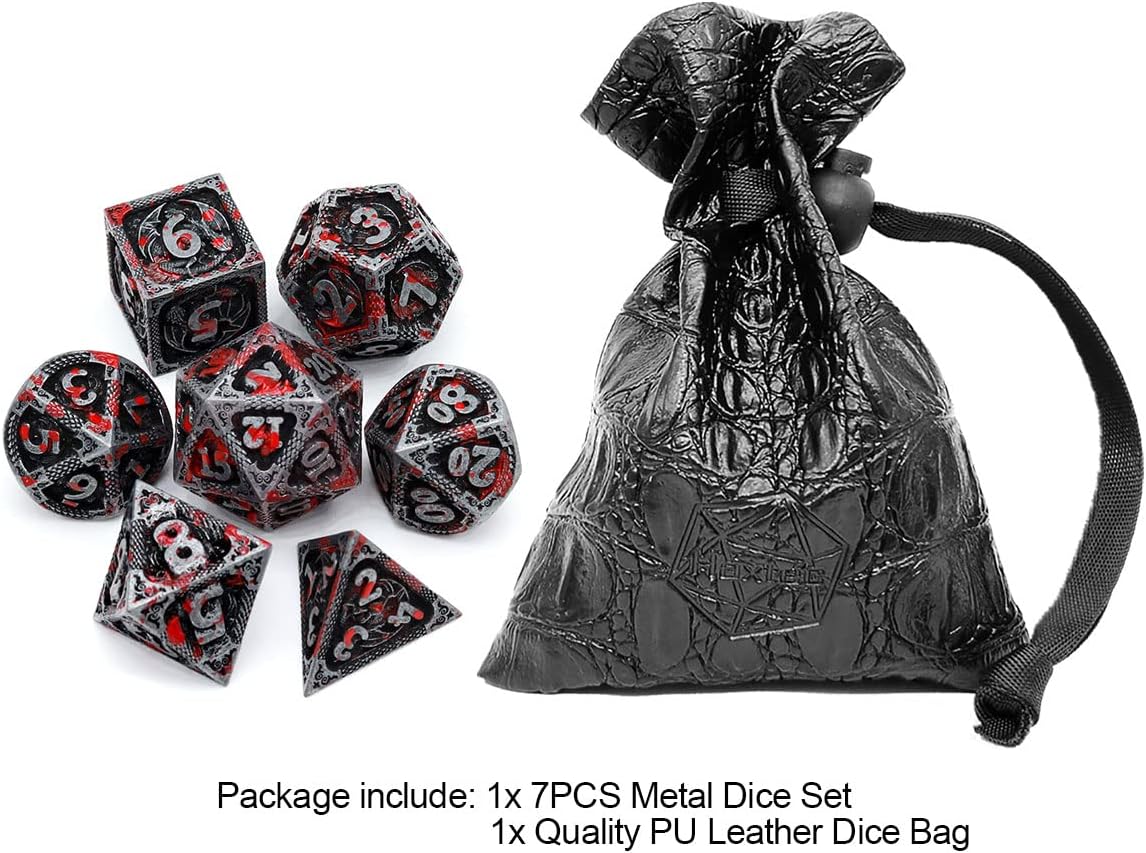 Haxtec Bloodstained Metal DND Dice Set Antique Iron Blood D&D Dice Set Dragon Scale with Leather Dice Bag Bloodsplattered Metal Polyhedral Dice Compatible with Dungeons and Dragons TTRPG Gifts