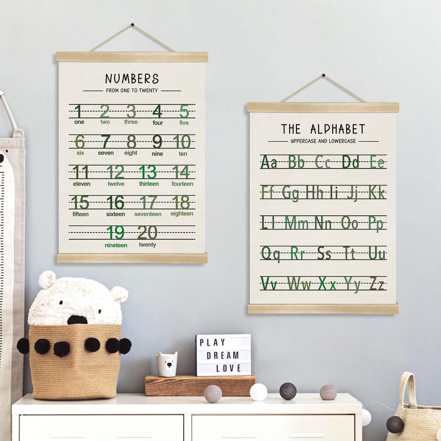 Alphabet and Numbers Wall Chart Set of 2 ,Kids Educational Posters,ABC and 1-20 Number Learning Banners for Toddlers, Preschool Classroom, Homeschool, Nursery, Playroom Decor 14 x 18.5 Inch(Green)