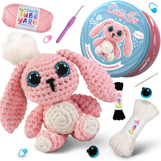 Cookie Box Crochet Kit for Beginners – Gift Set to Make Bunny Lola Amigurumi Plushie – Easy DIY Crochet & Knitting Starter Kit with Video and PDF Tutorials