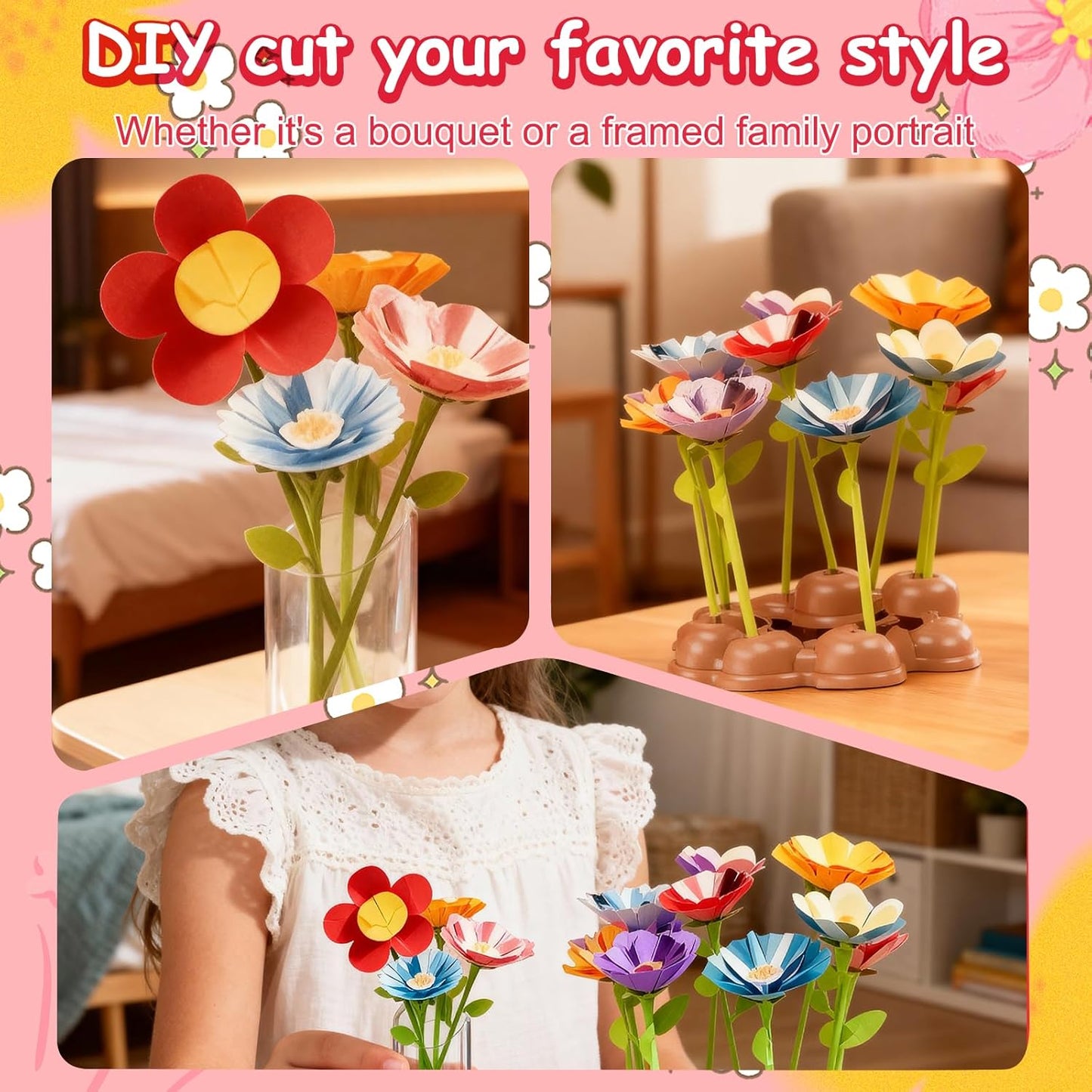 EALRIDV Fabric Flower Bouquets Toys, DIY Flower Press Kit, Creative Floral Craft Set for Kids Ages 4 5 6 7 8+ Years Old, Build Your Own for Birthday Gifts, Arts and Crafts Projects