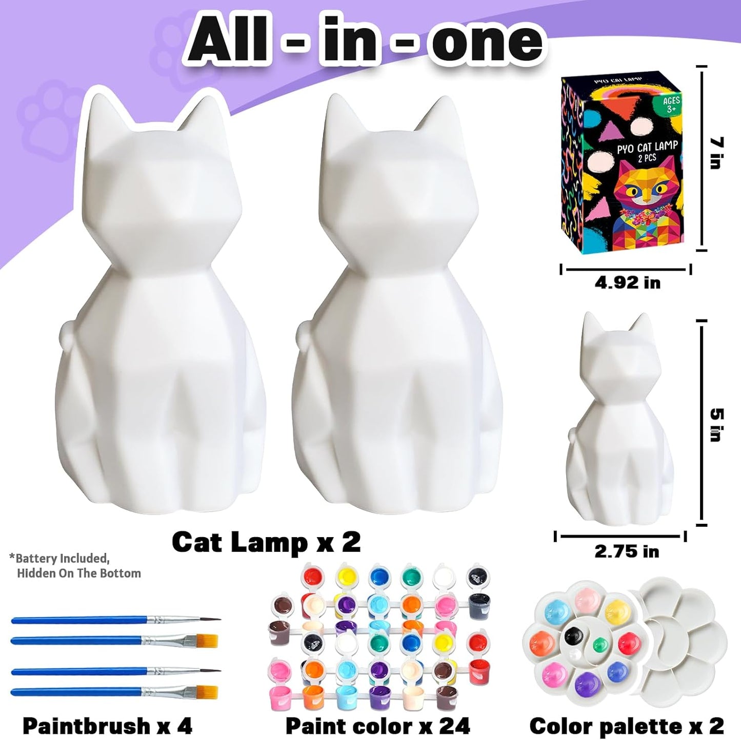 FUNZBO 2pcs Paint Your Own Cat Lamp - Halloweens Arts and Crafts Supplies Kitten Painting Kits for Kids Teens, DIY Night Light Toy for Toddlers Girls Boys Ages 3 4 5 6 7 8 9 10 11 12 13 Birthday Gifts