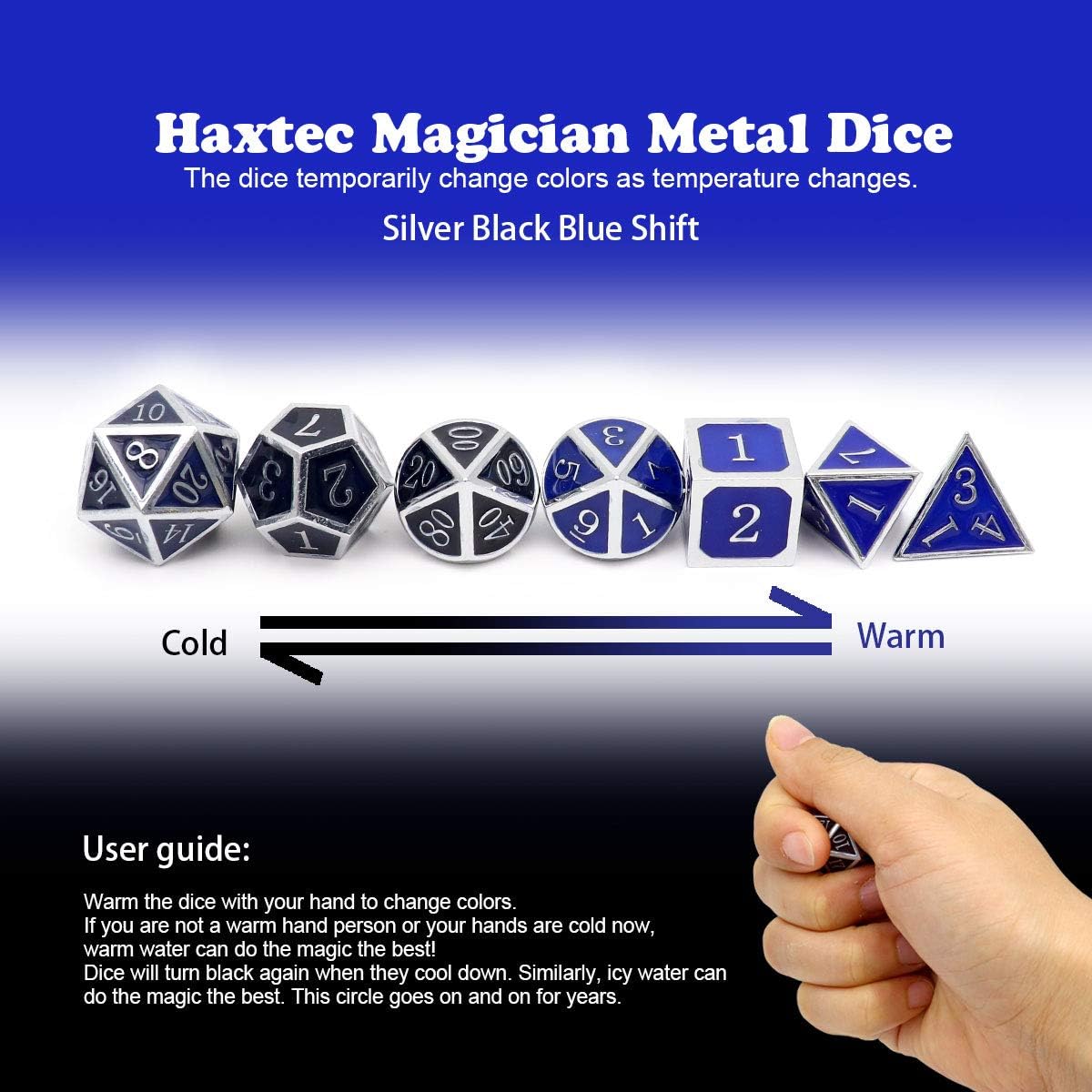 Haxtec Heat Sensitive Metal DND Dice Set Color Changing Metal Dice Temperature Polyhedral D&D Dice Compatible with Dungeons and Dragons RPG-Silver Black Blue Shift