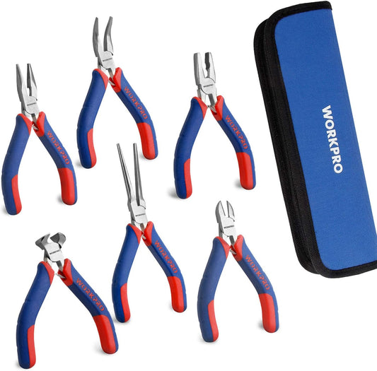 WORKPRO 6-piece Mini Pliers Set - Needle Nose, Diagonal, Long Nose, Bent Nose, End Cutting and Linesman, for Making Crafts, Repairing Electronic Devices, with Pouch