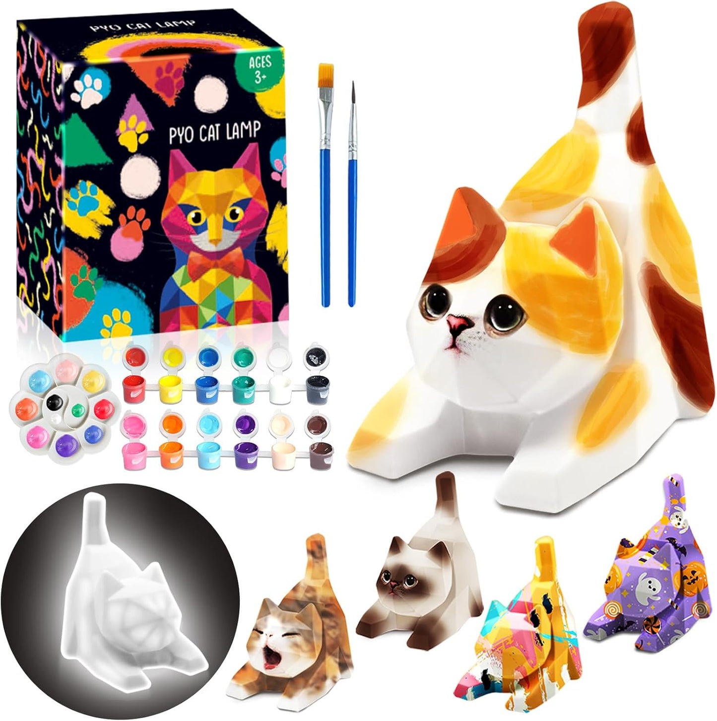 FUNZBO 4.3in Paint Your Own Cat Lamp Kit - Halloweens Arts and Crafts Supplies Painting Set for Kids Teens, DIY Night Light Toy for Toddlers Girls Boys Age 3 4 5 6 7 8 9 10 11 12 13 +