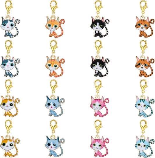 BEEFLYING 16Pcs Cat Stitch Marker Charms for Crocheting and Knitting, 8 Styles Alloy Enemal Crochet Knit Stitch Marker Pendant with Lobster Clasp for Sewing Quilting Handmade Jewelry