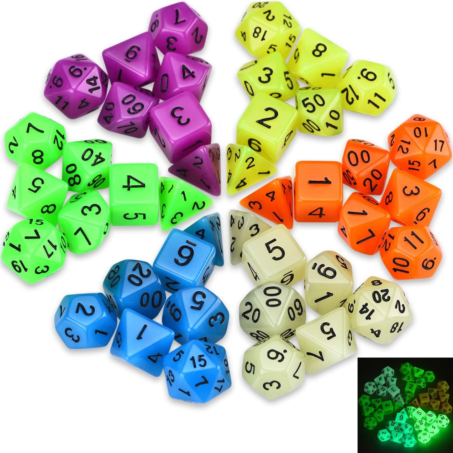 Glow in The Dark DND Dice Set 11 x 7 Polyhedral Dice (77pcs) for Dungeons and Dragons Tabletop Role-Playing Games, with a Drawstring Bag