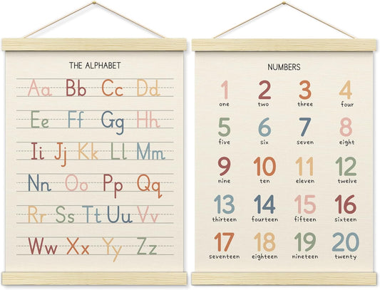 BONETAT Numbers alphabet poster for Nursery Toddlers, Play Room Wall Decor, ABC Wall Chart, Wall Hanging Decor for Toddler Playroom Decor Kids Wall Decor, Wooden Frame Alphabet Banner-A11