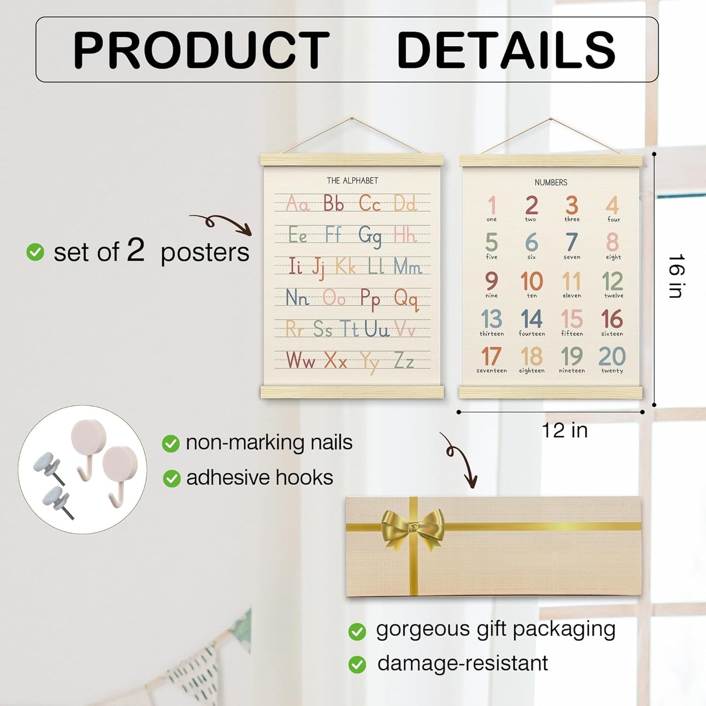 BONETAT Numbers alphabet poster for Nursery Toddlers, Play Room Wall Decor, ABC Wall Chart, Wall Hanging Decor for Toddler Playroom Decor Kids Wall Decor, Wooden Frame Alphabet Banner-A11