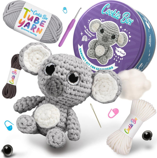 Cookie Box Crochet Kit for Beginners – Gift Set to Make Koala Coal Amigurumi Plushie – Easy DIY Crochet & Knitting Starter Kit with Video and PDF Tutorials