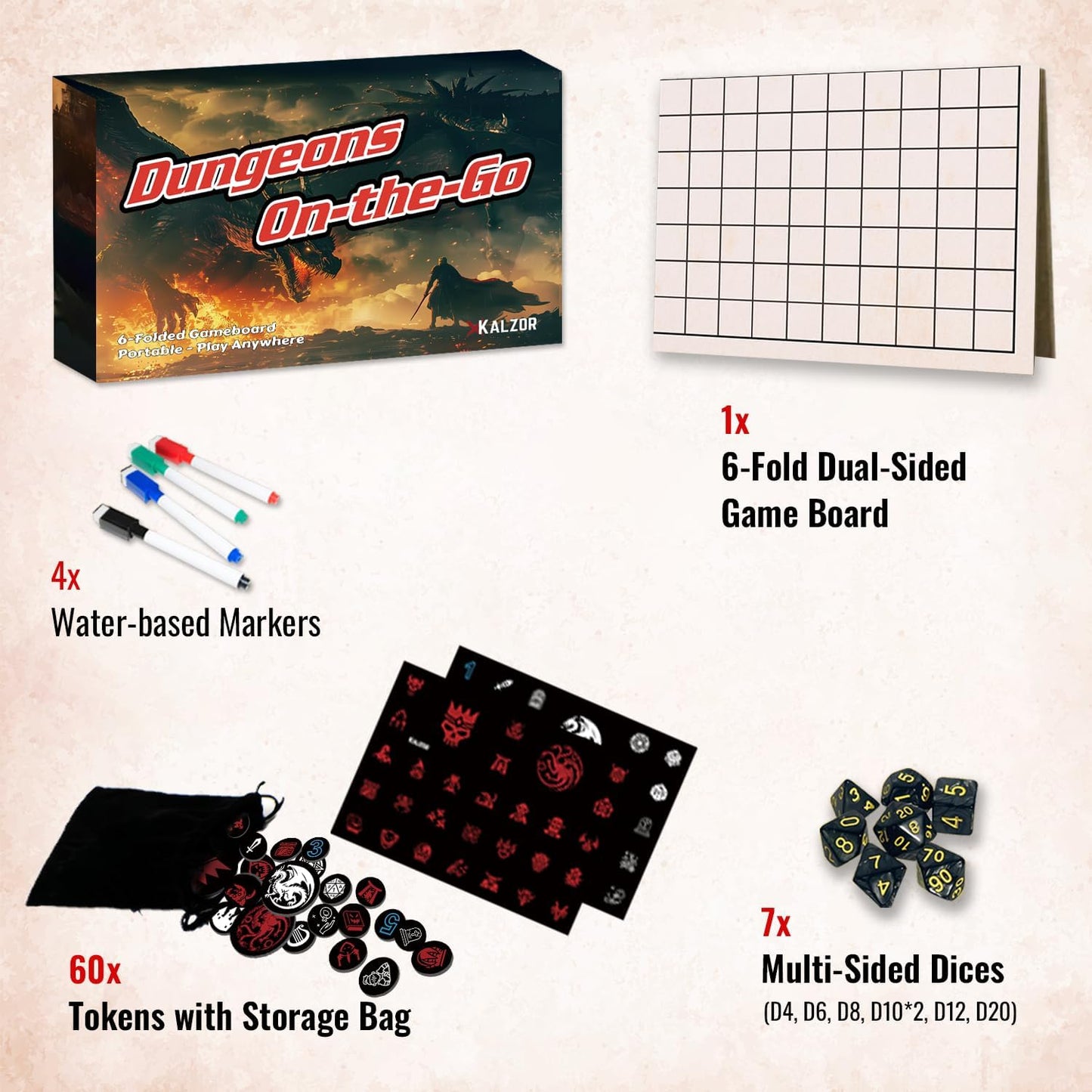 Foldable DND Battle Map Set – Reusable Dry Erase RPG Board with Double-Sided Square & Hex Grids, Tokens & Markers – Travel Starter Kits for D&D, Pathfinder and TTRPGs