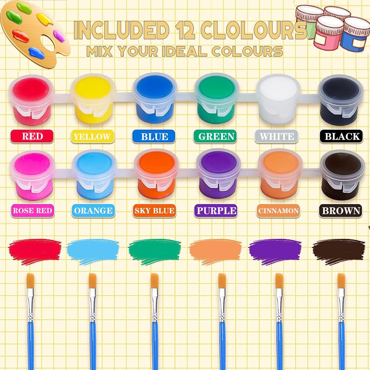 DUA MAIGA 210 Pcs Mini Acrylic Paint Set,12 Colors Acrylic Paint Strips with 30 Pcs Paint Brushes for Kids & Adults, Kids Paint Set for Home Birthday Classroom Party Favors