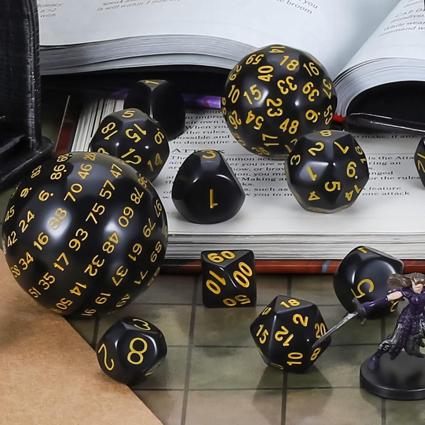 CiaraQ DND Polyhedral Dice Set (15pcs) D4-D100 Game Dice with Dice Bag for Dungeons and Dragons Role Playing Table Games (Black & Yellow)