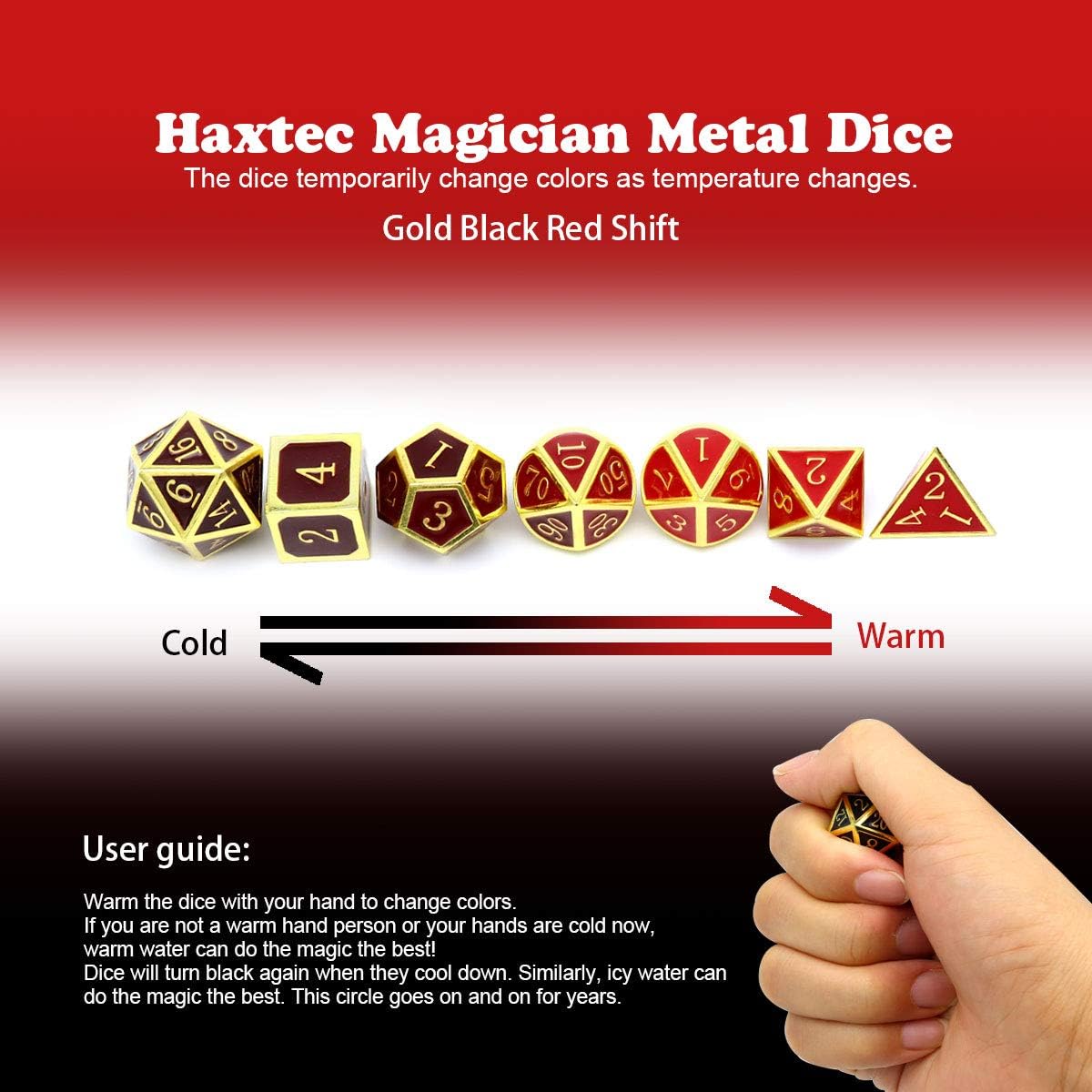 Haxtec Metal DND Dice Set Heat Sensitive Color Changing Metal Dice Polyhedral D&D Dice Compatible with Dungeons and Dragons RPG -Gold Black Red Shift