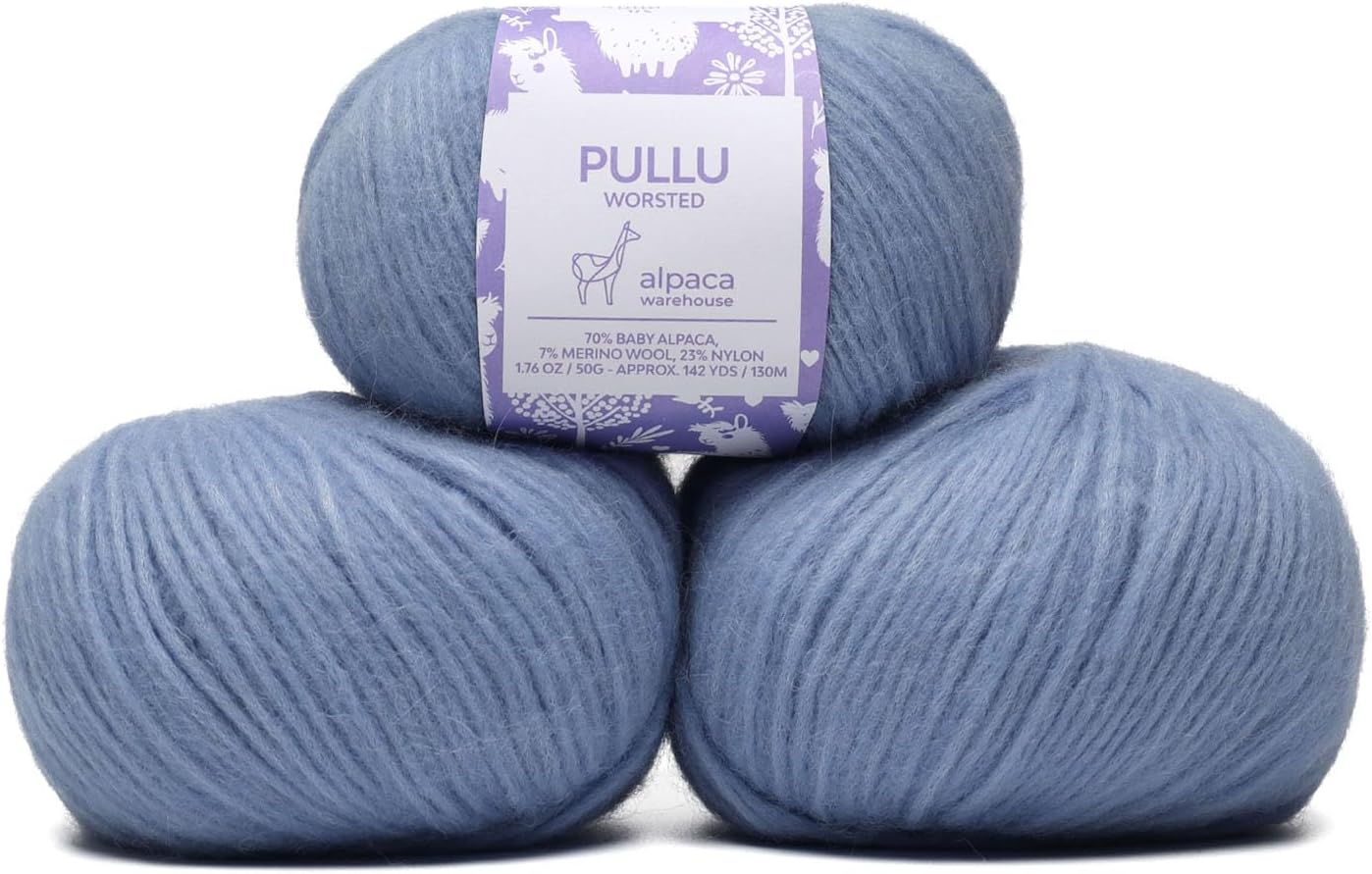 Pullu - Baby Alpaca Merino Wool Yarn Set of 3 Skeins (150 Grams) Worsted Weight - Sourced Directly from Peru - Heavenly Soft and Perfect for Knitting and Crocheting (Soft Blue)