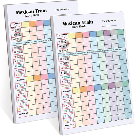 2 Pack 120 Sheets Mexican Train Score Pads Colorful Chicken Foot Dominoes Game Scorepad Adult Mexican Train Score Sheet Scoreboard Paper Record Clearly for Family Game (8 x 5.5 Inches)