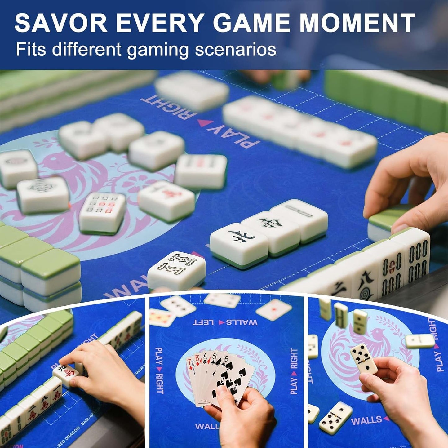 2025 Mahjong Mat, 31.5" x 31.5" Neoprene Mahjong Table Mat with Rules, Anti Slip & Noise Reduction Gaming Mat for Poker, Card, Dominoes, Board & Tile Games, Mahjong Gift with Carrying Bag - Blue